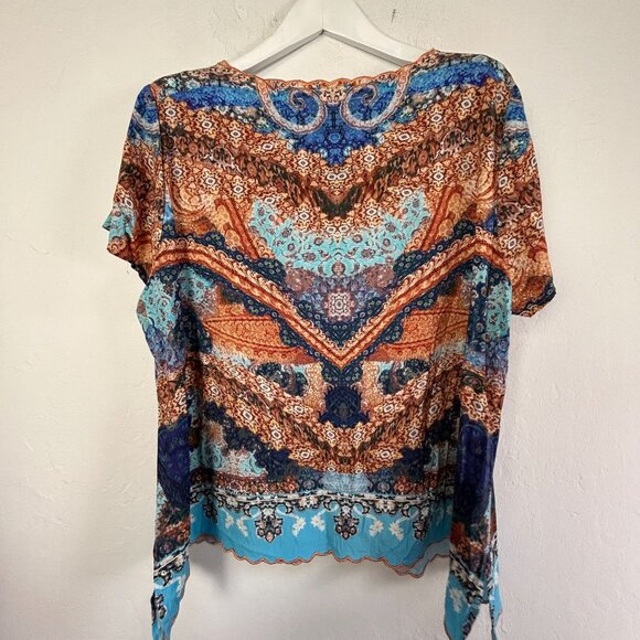 Soft Surroundings Womens 1X Multicolor Paisley Short Sleeve Top Scalloped Trim - Picture 2 of 7